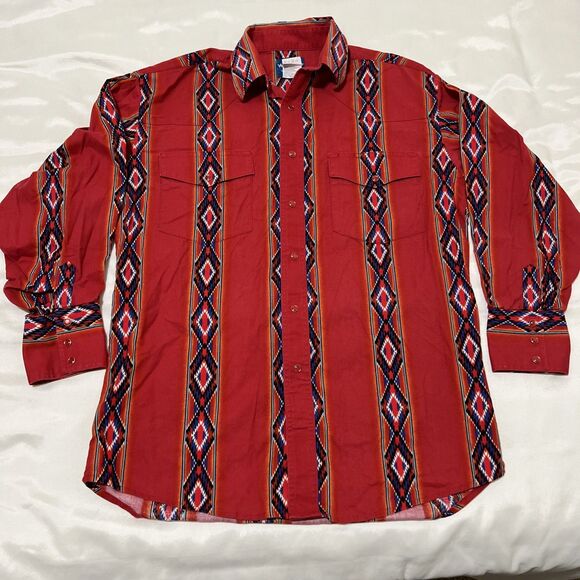 Wrangler Shirt Mens M Aztec Southwestern Pearl Snap Western Rodeo Vintage Red - Picture 1 of 10